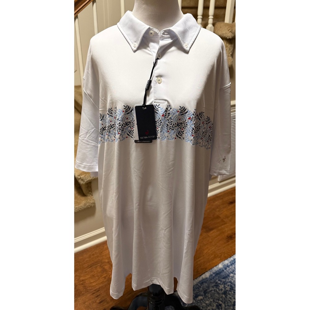 Michel Rouen Performance Mens 3XL White Floral Ladybug Golf Polo Shirt NWT